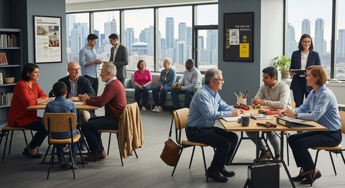 People in a bright office space having discussions. Tables, chairs, city skyline in background.