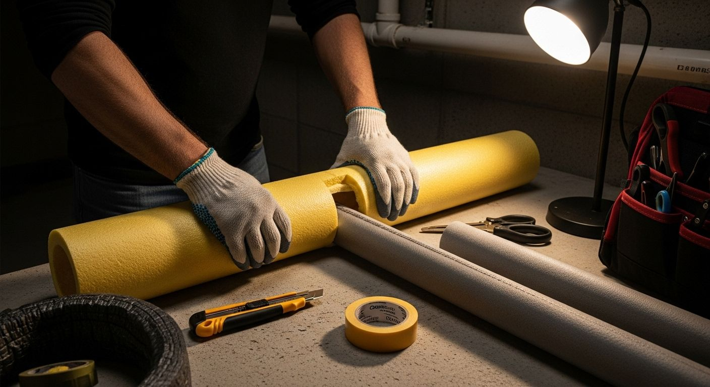 Person fitting insulation around a pipe on a workbench, wearing gloves, with tools visible.