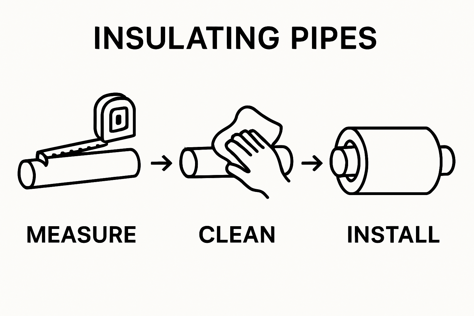 Diagram showing the steps to insulate pipes: measure, clean, and install insulation sleeves.