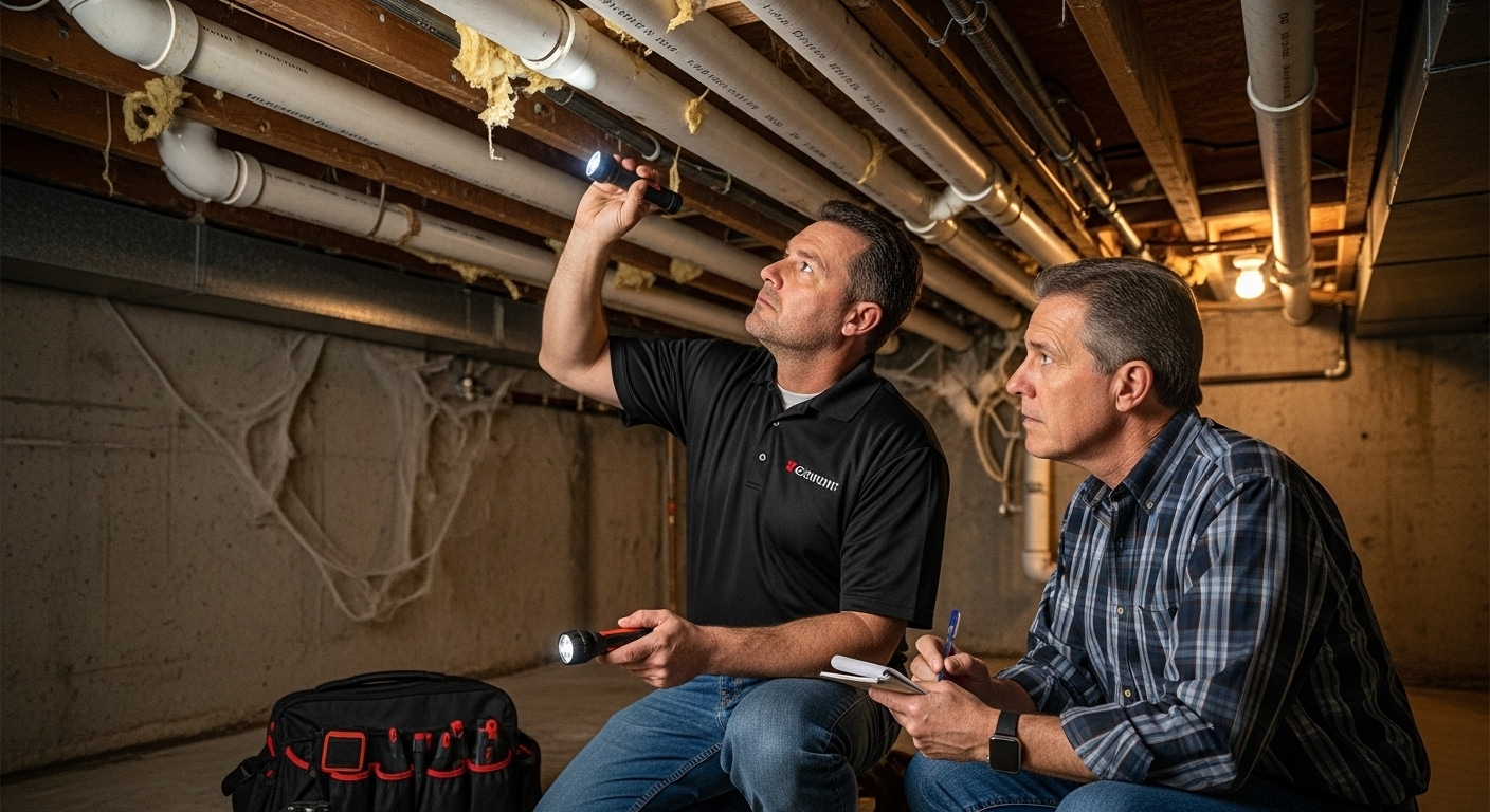 Two men inspect pipes under a ceiling, one with a flashlight, other taking notes.