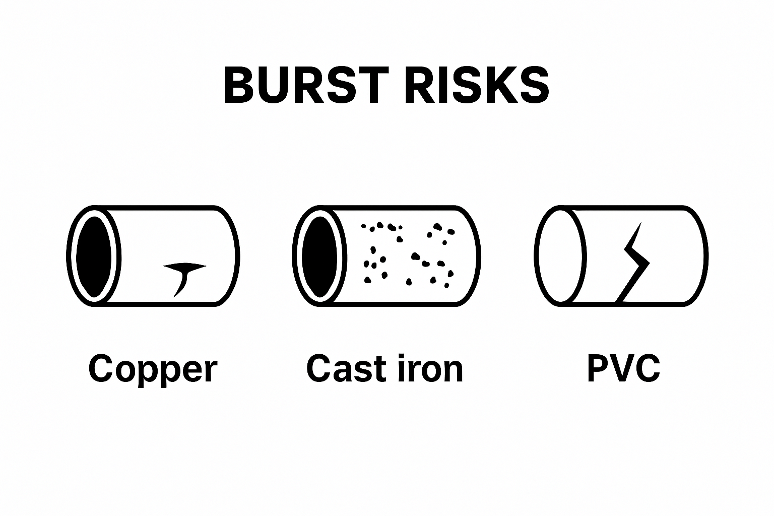Infographic comparing copper, cast iron, and PVC pipe burst risks