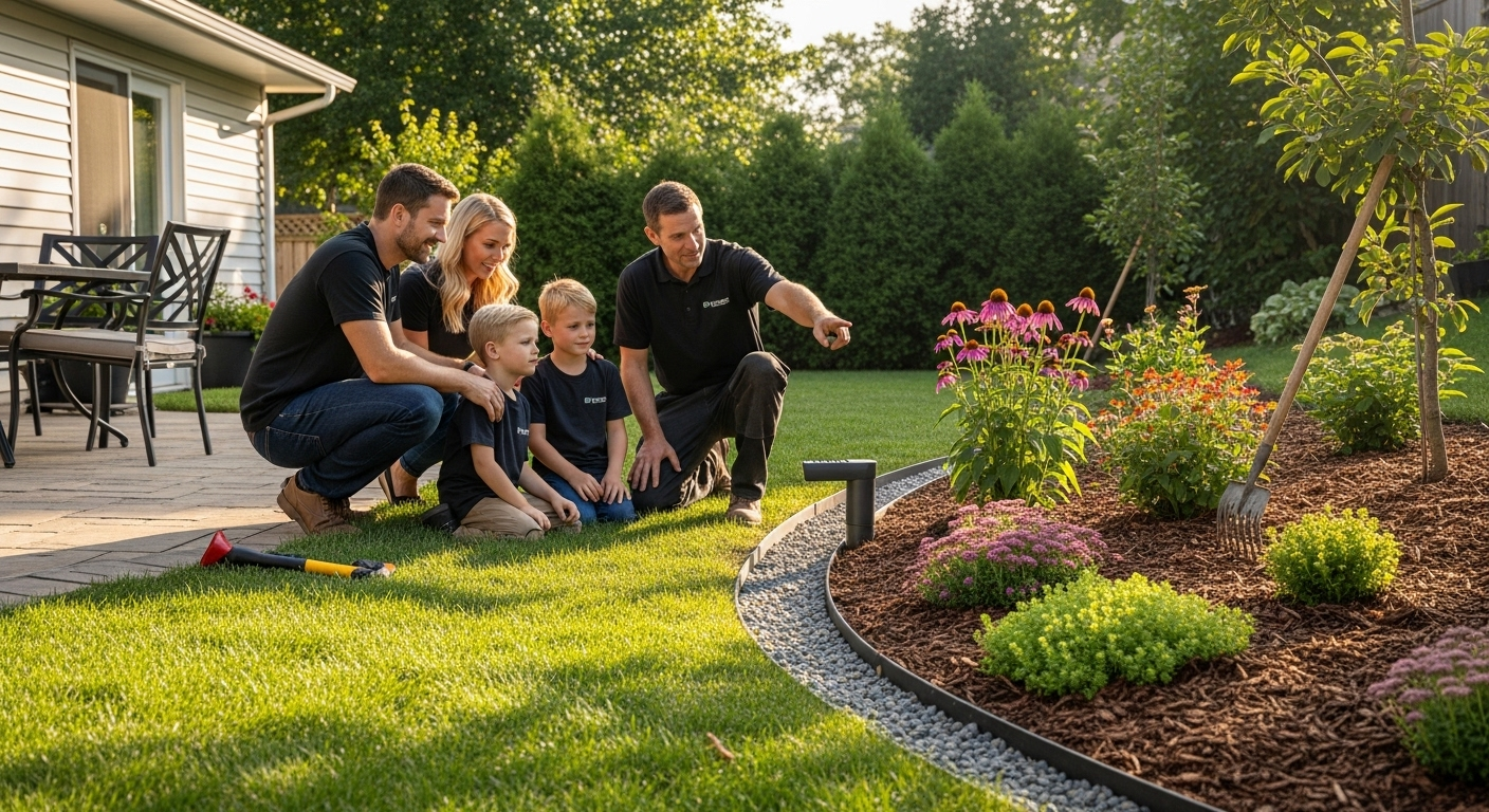 Family with landscape designer examining newly planted garden.