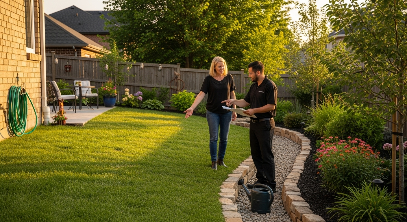 Woman and man in yard discussing landscaping plans; lush lawn, garden beds, brick house.
