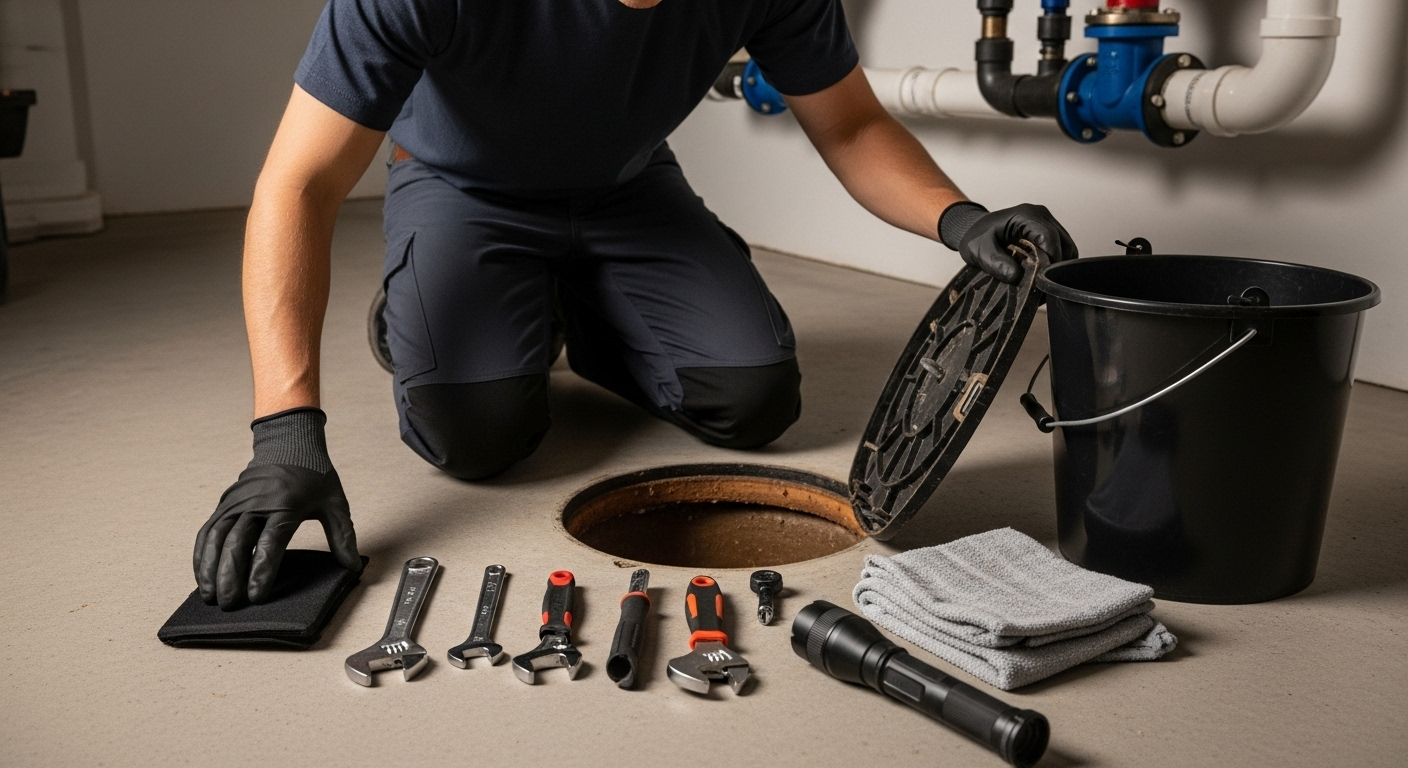 Person kneeling, opening a sewer access hatch. Tools and bucket surround opening in a basement.