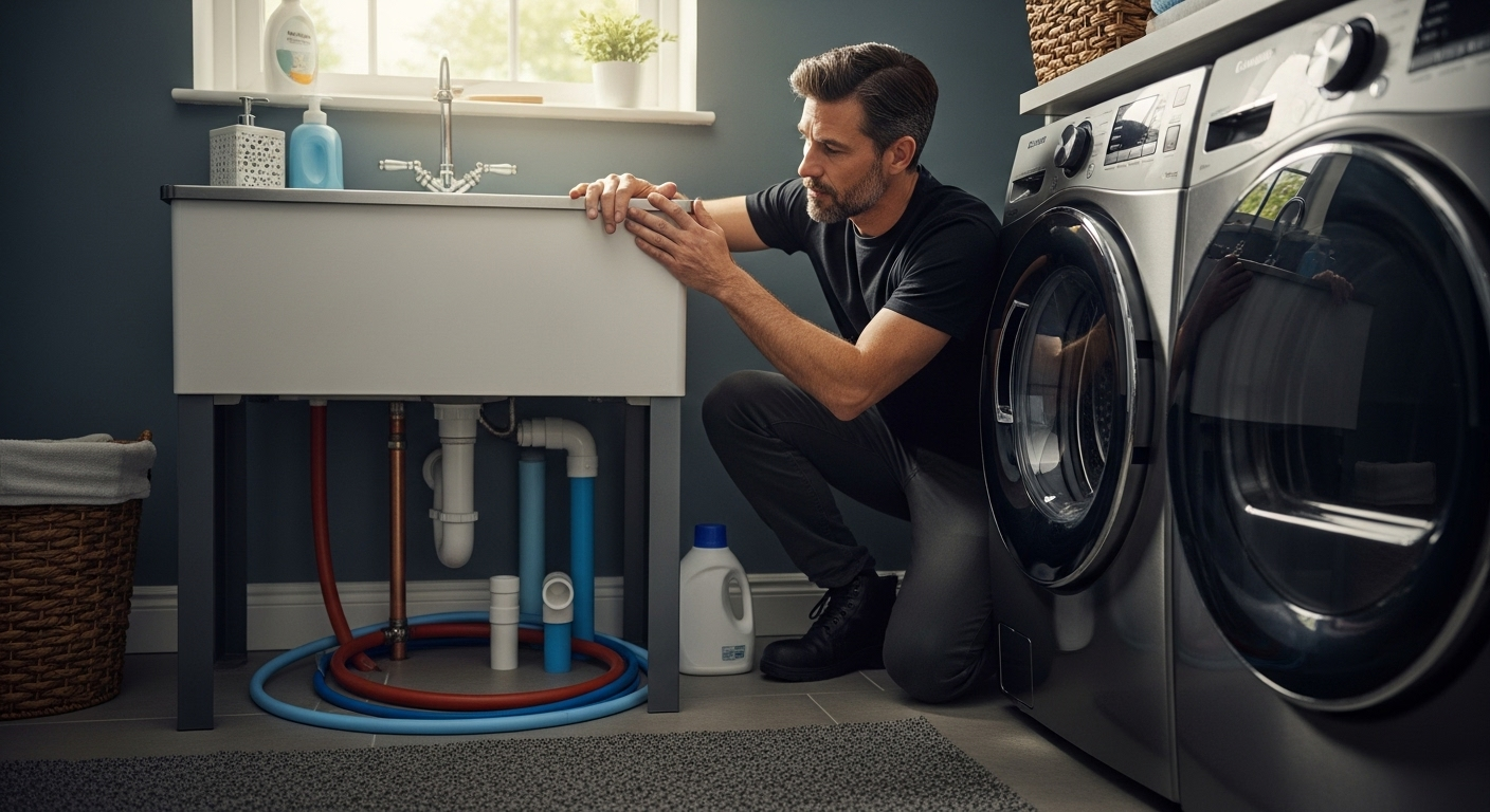 Man inspects laundry room plumbing near a sink and washing machines.