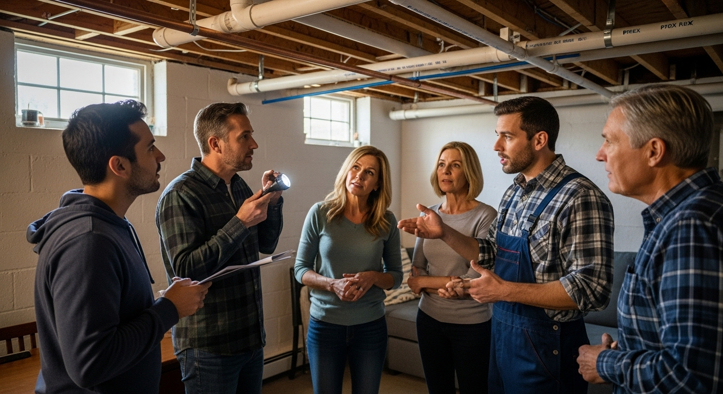 Group of people in a basement; two men hold tools, talking to others, some looking concerned.