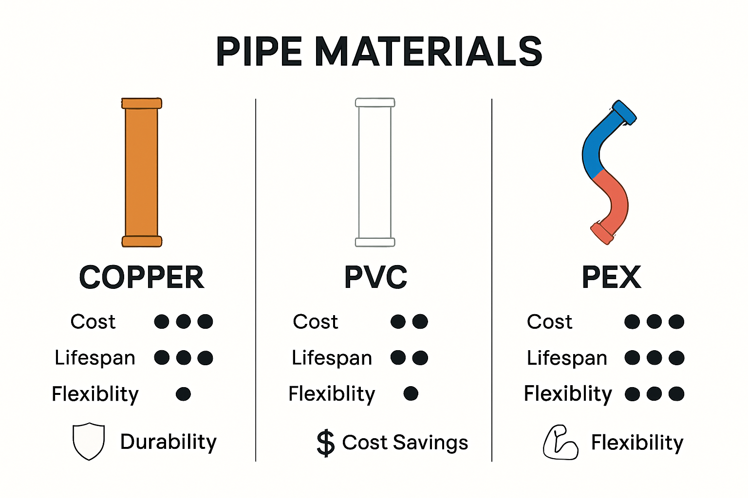 Comparison of copper, PVC, and PEX pipes for homeowners