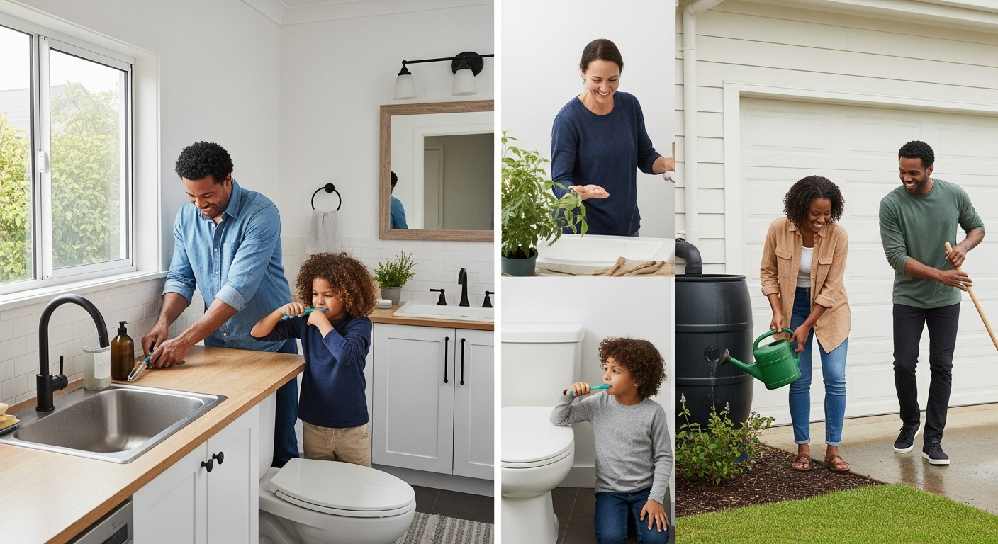 Family doing home improvement tasks: bathroom update, gardening, and yard work.