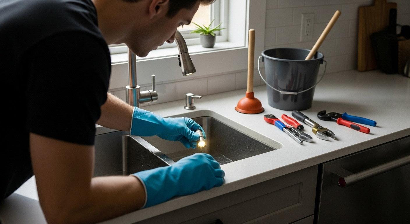 Man in blue gloves repairs kitchen sink with tools on countertop.