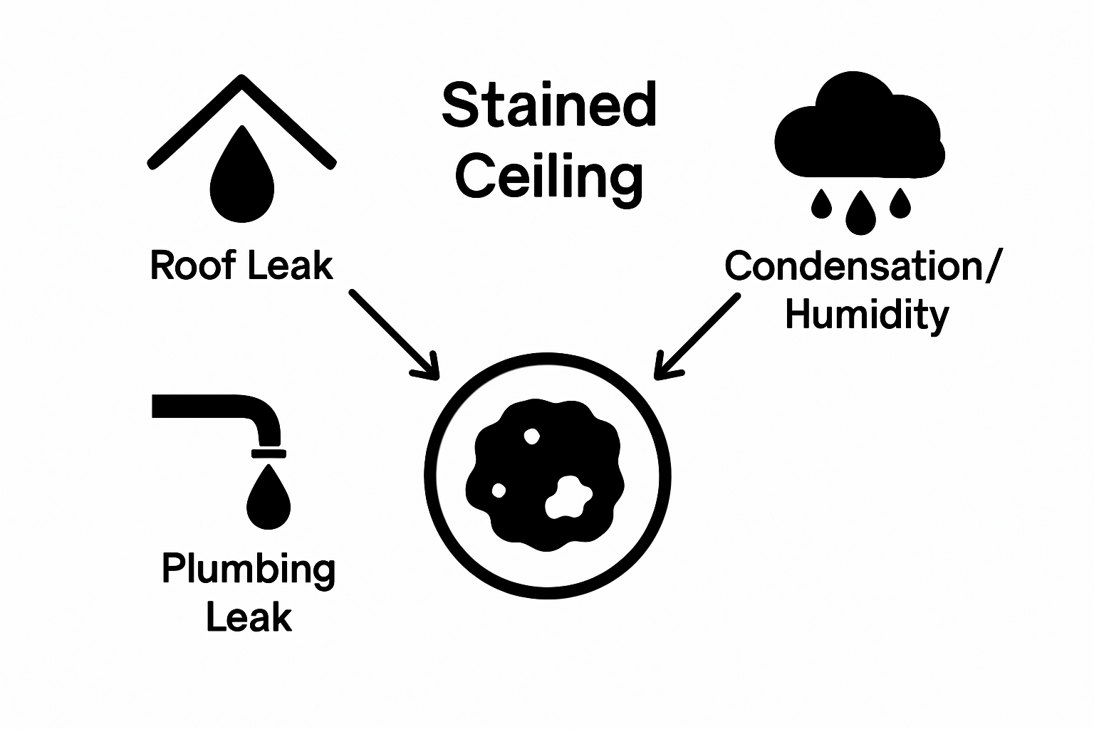 Infographic shows three main causes of ceiling stains: roof leaks, plumbing leaks, and humidity