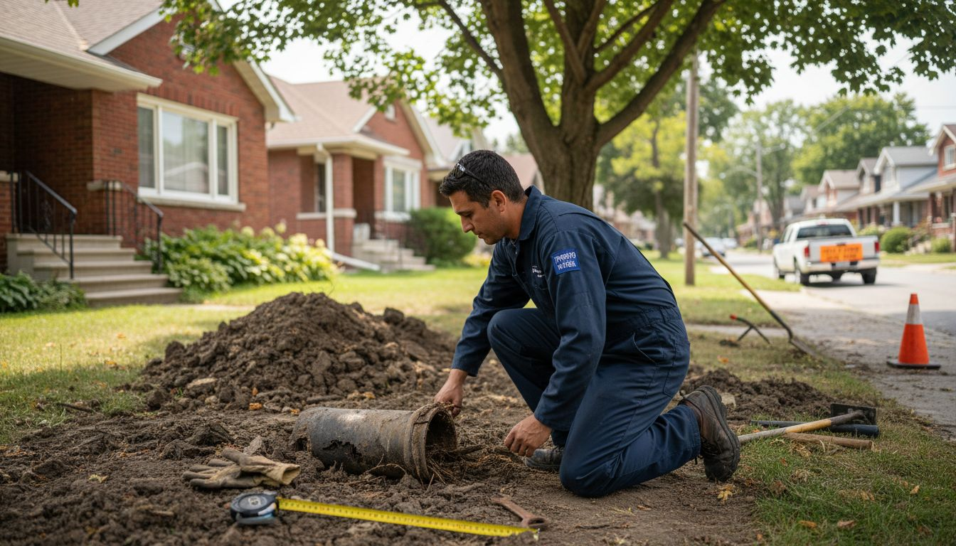 Man in blue uniform inspects a sewer pipe in a dirt mound on a residential street.