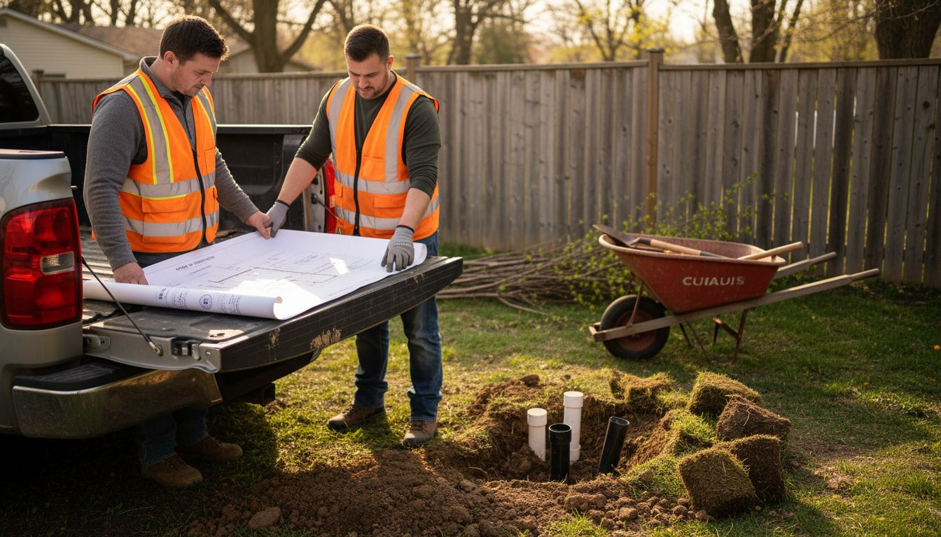 Two construction workers in vests review blueprints near a pickup truck and an excavated hole.