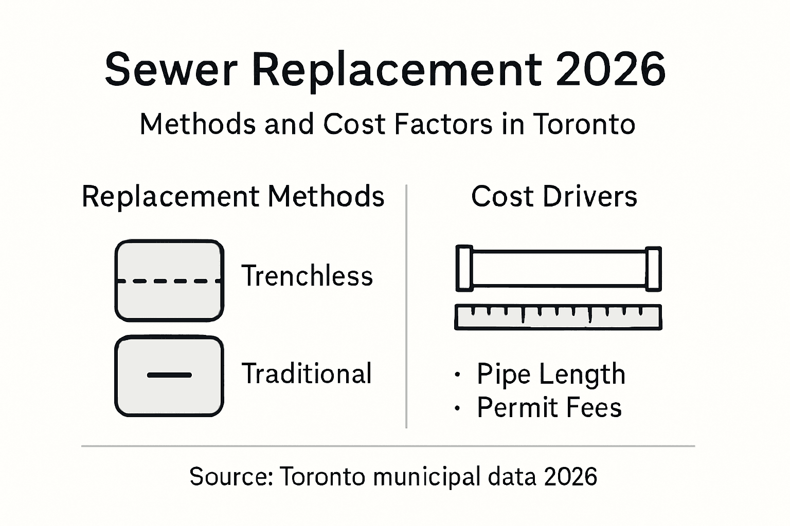 Diagram: Sewer replacement methods and cost factors in Toronto. Trenchless and traditional methods, pipe length and permit fees.