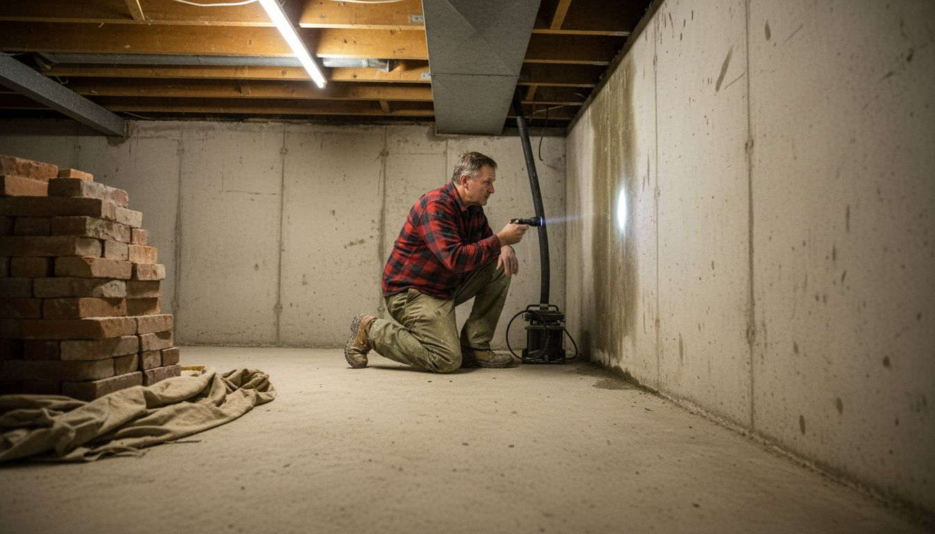 Worker kneeling in a basement, drilling into a concrete wall beside exposed ceiling beams and brick rubble