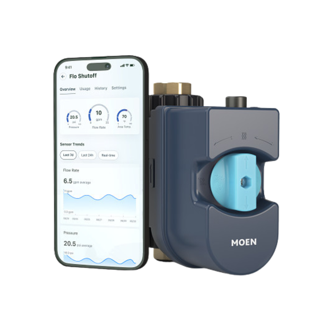 A phone is sitting next to a Flo By Moen water shutoff. Installed by DrainWorks Plumbing Toronto.