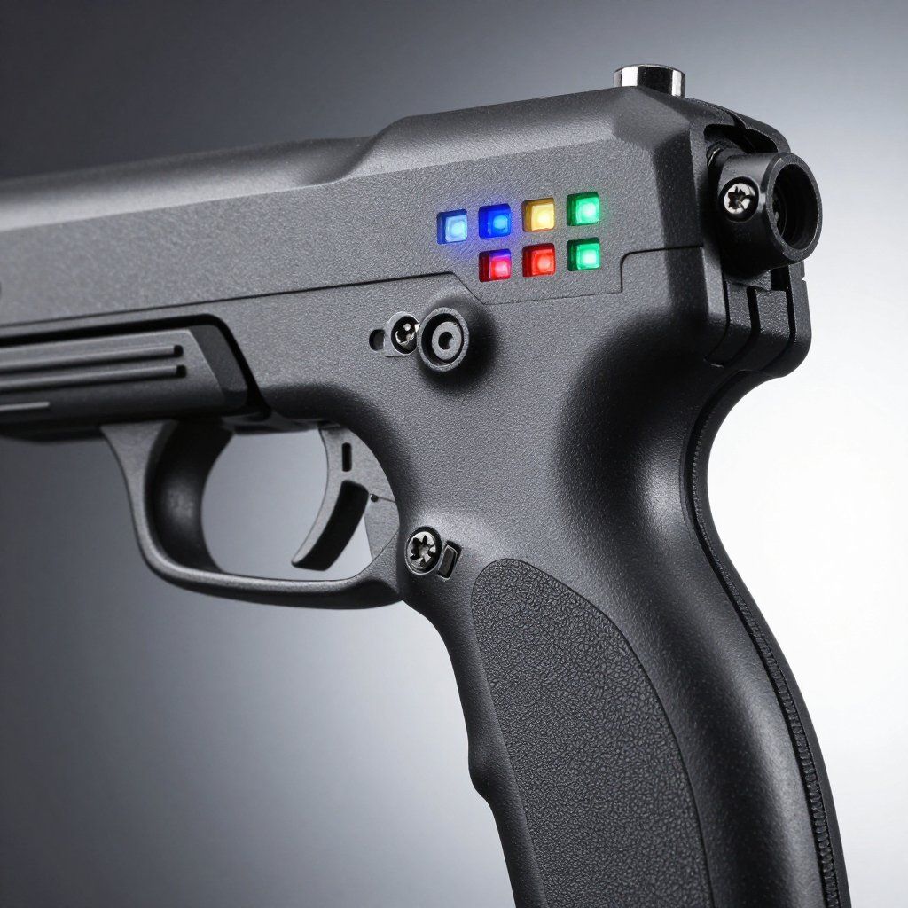 Black handgun with colored lights on the top.