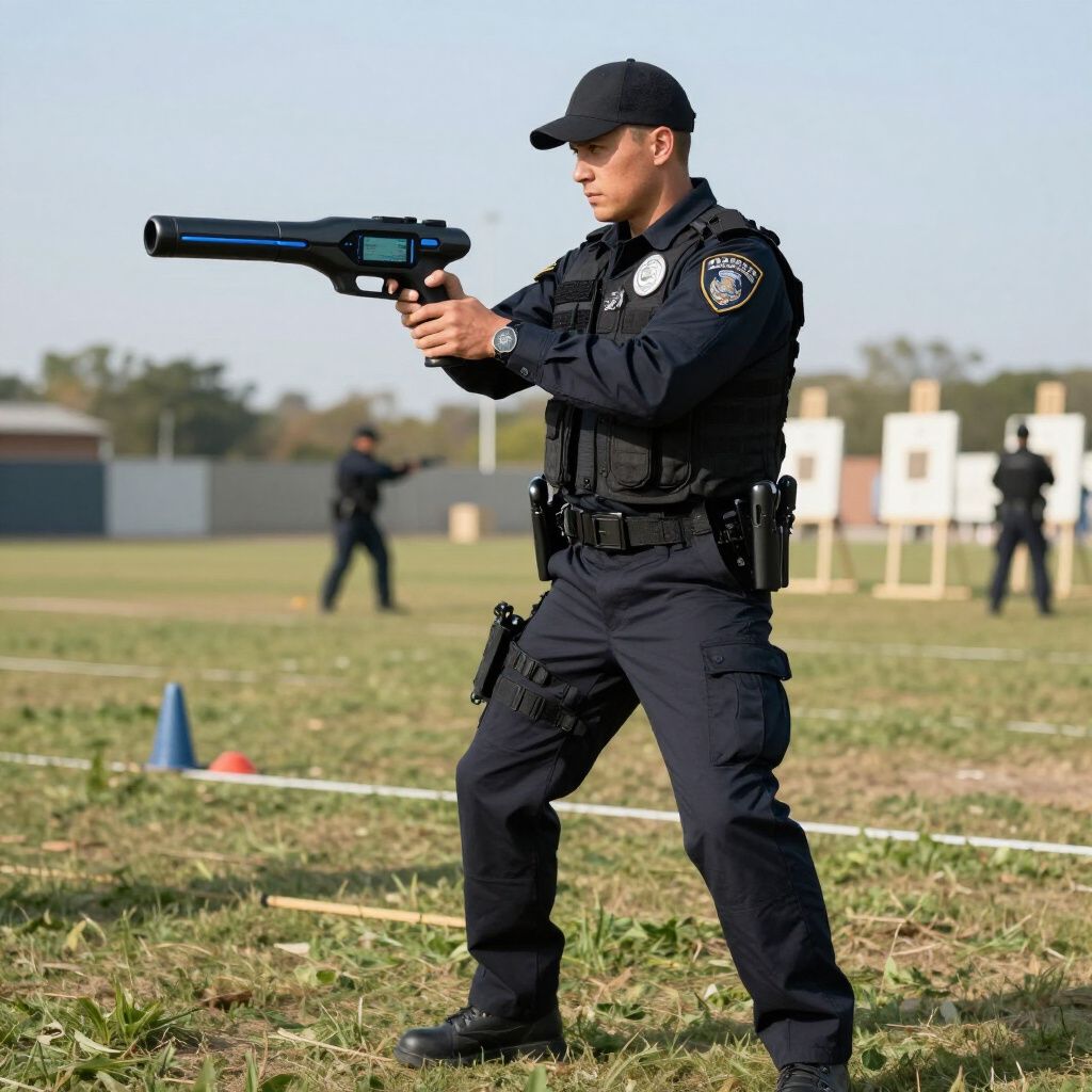 Police officer aiming a Taser on a grassy field, targets in background. Officer wears uniform and protective vest.
