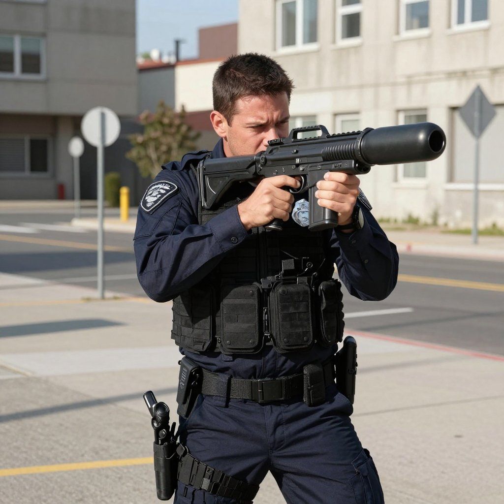 Police officer aiming a black, futuristic-looking rifle on a city street. He wears a blue uniform and tactical vest.