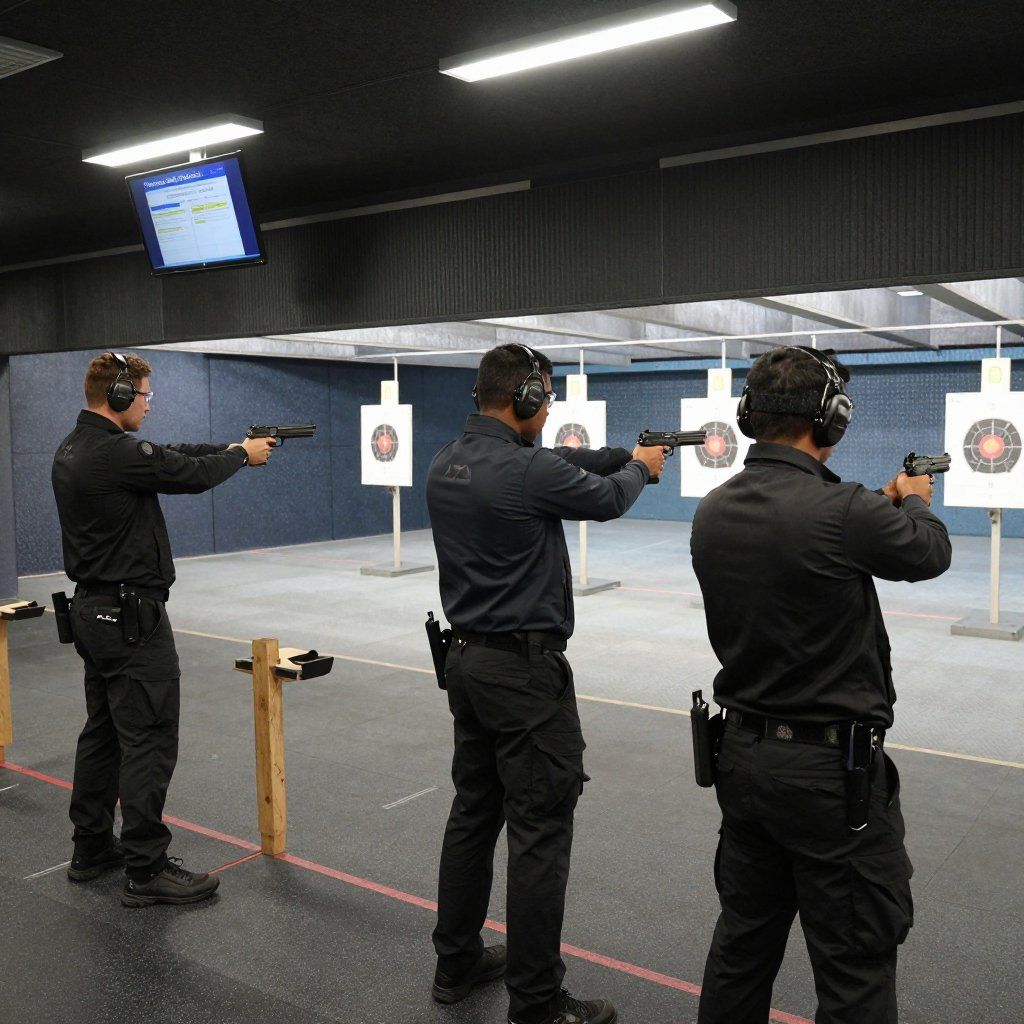 Three people in a shooting range, aiming handguns at targets. They wear ear protection, dark uniforms.