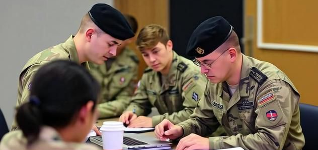 Soldiers in uniform wearing black berets, gathered around a table, appear to be studying.