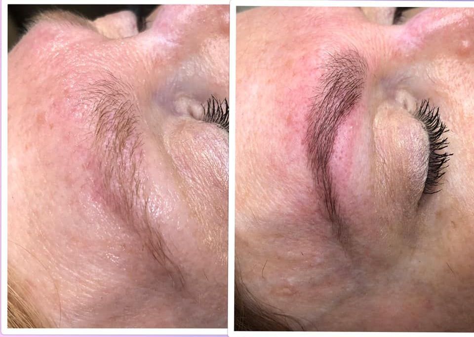 A before and after photo of a woman 's eyebrows.