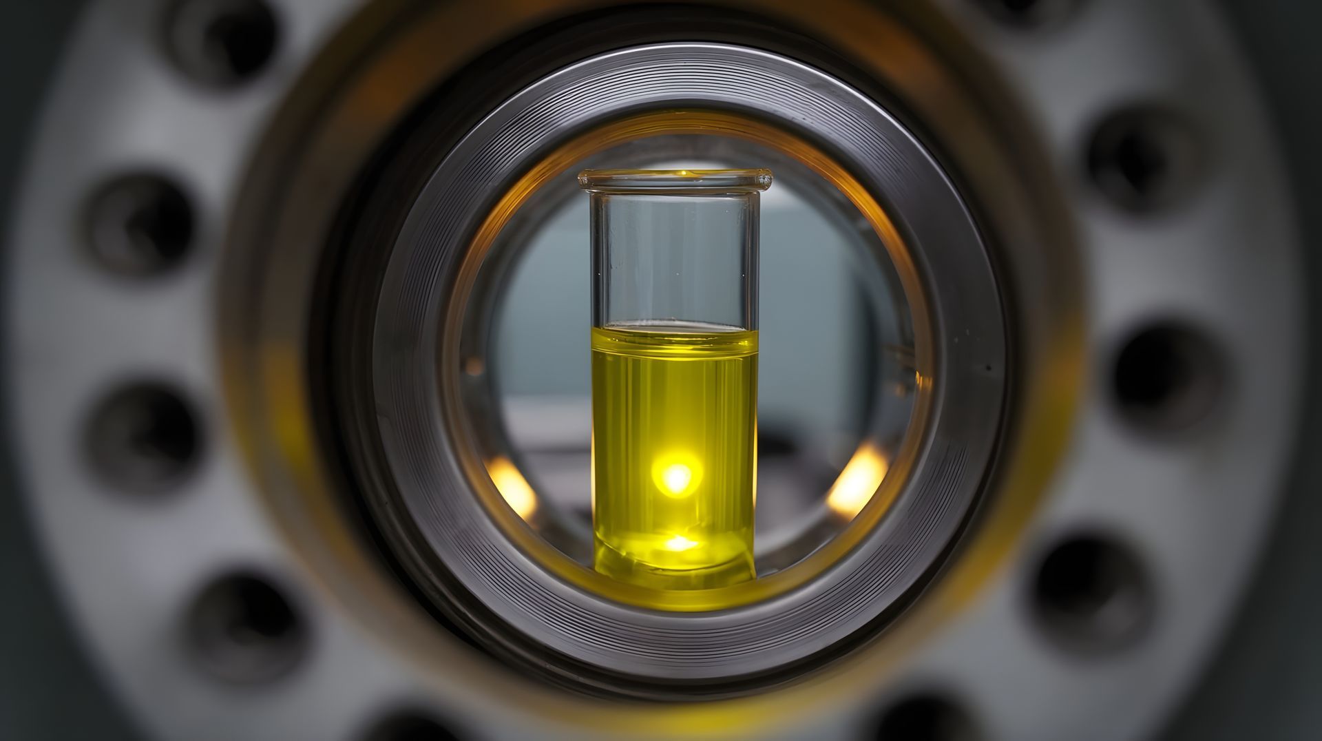 Test tube with bright yellow liquid illuminated from within, housed in a metallic scientific chamber. Test tube with bright yellow liquid illuminated from within, housed in a metallic scientific chamber.