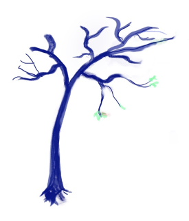 Blue, leafless tree with a few small green leaves against a white background.
