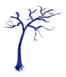 Blue, leafless tree with a few small green leaves against a white background.