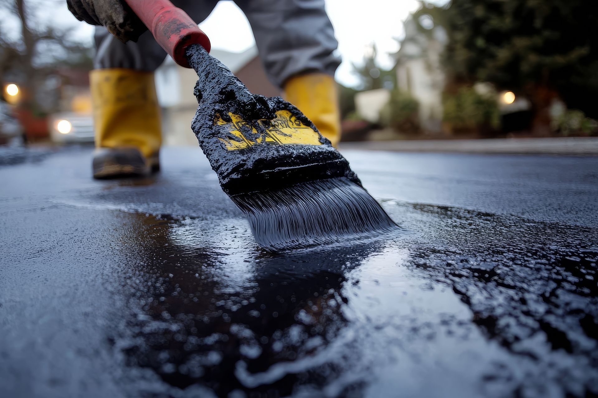A person is using a spatula to spread asphalt on the ground.