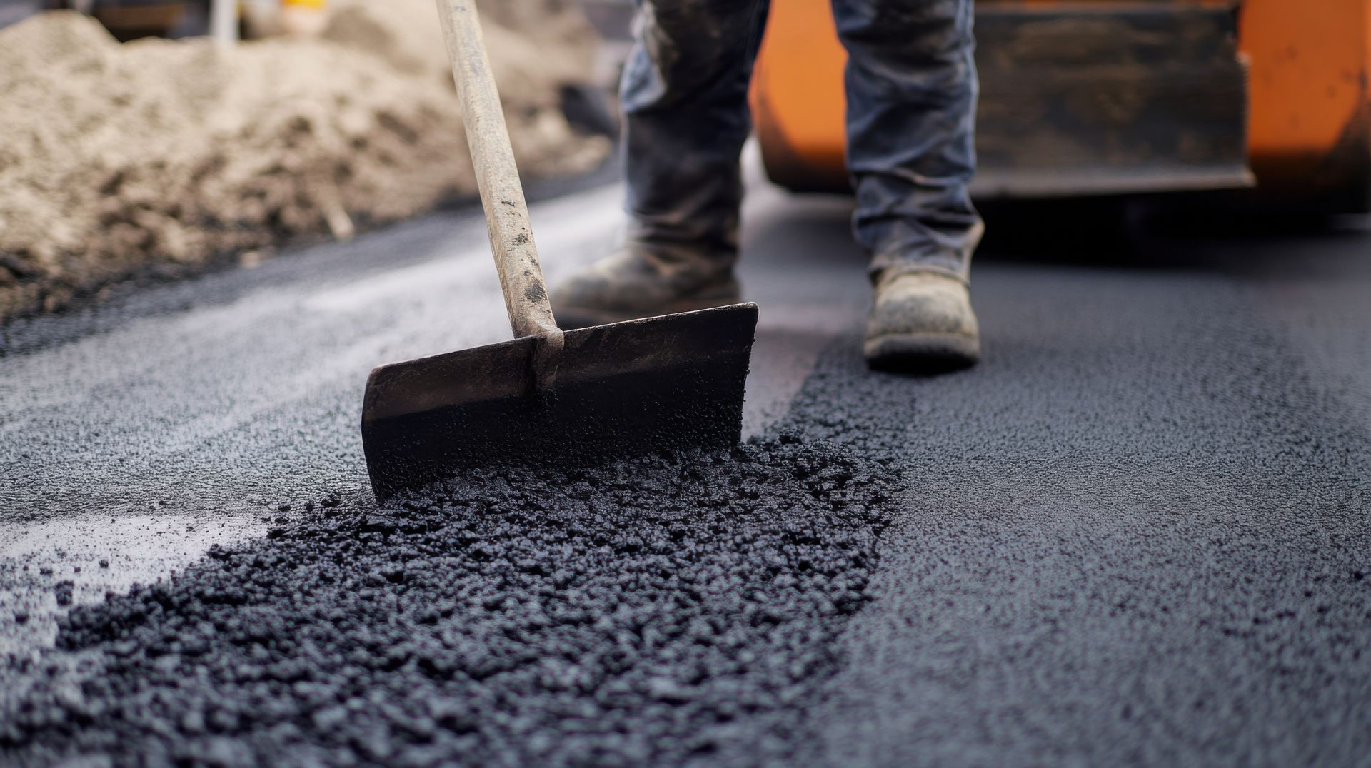 A man is spreading asphalt on a road with a shovel.