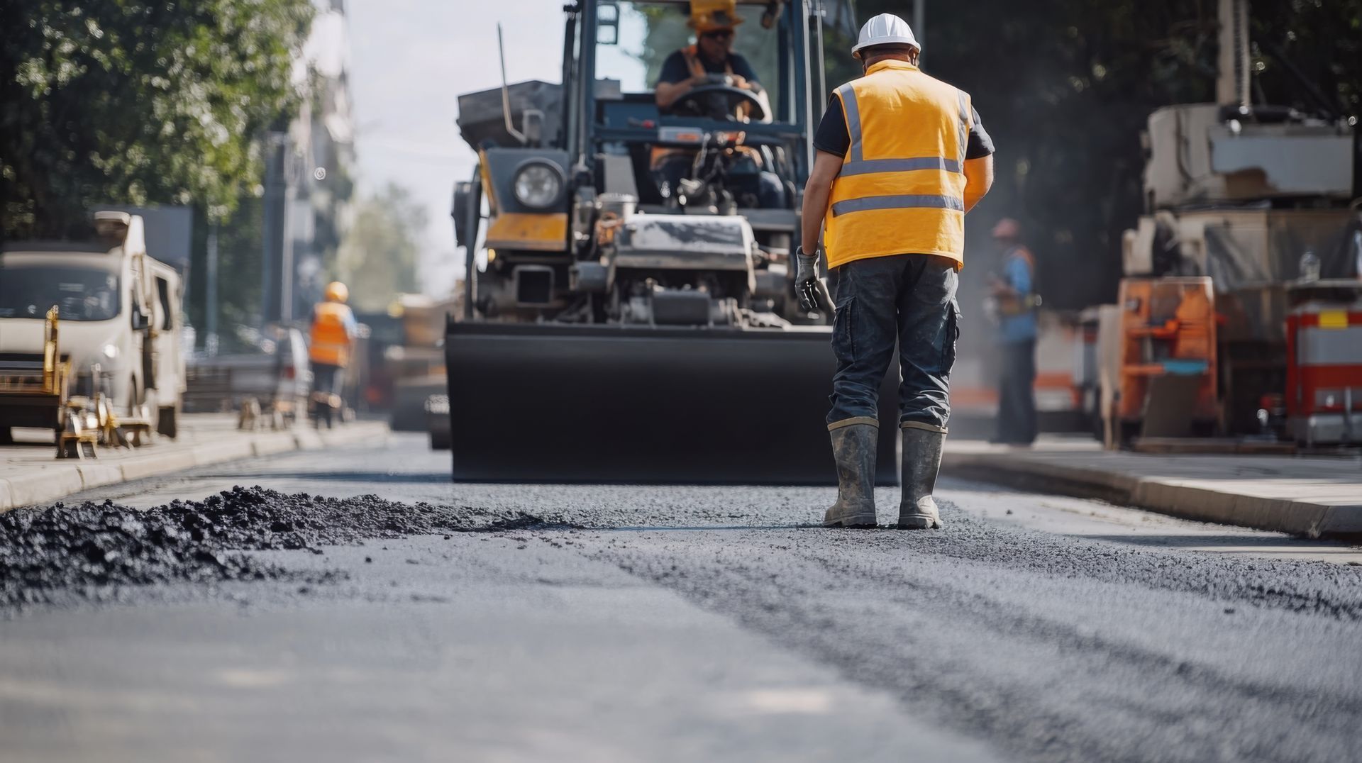 A construction worker is standing in front of a roller on a road.