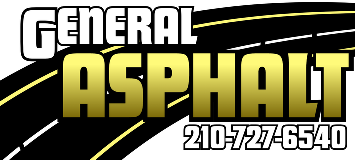 Logo for General Asphalt featuring gold text over a stylized road design, with a phone number.