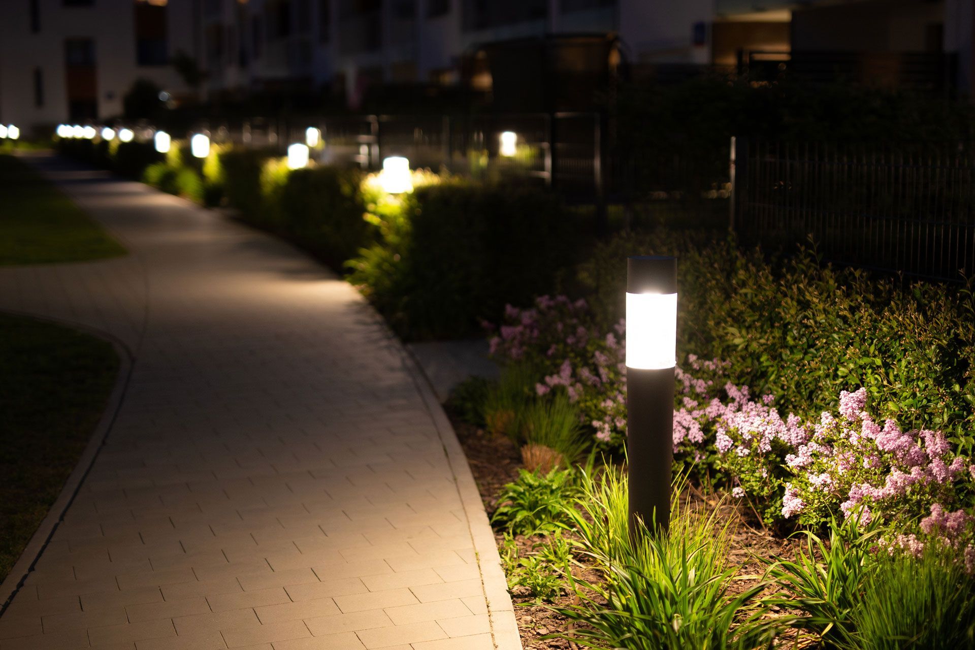 A walkway with a lot of lights on it at night.