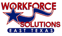 The logo for workforce solutions east texas has a blue and red star on it.