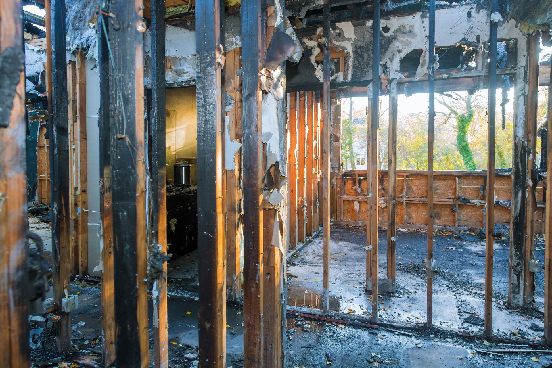 Interior of a burned-out building, charred wood studs and debris. Sunlight streams through a window, showing trees.