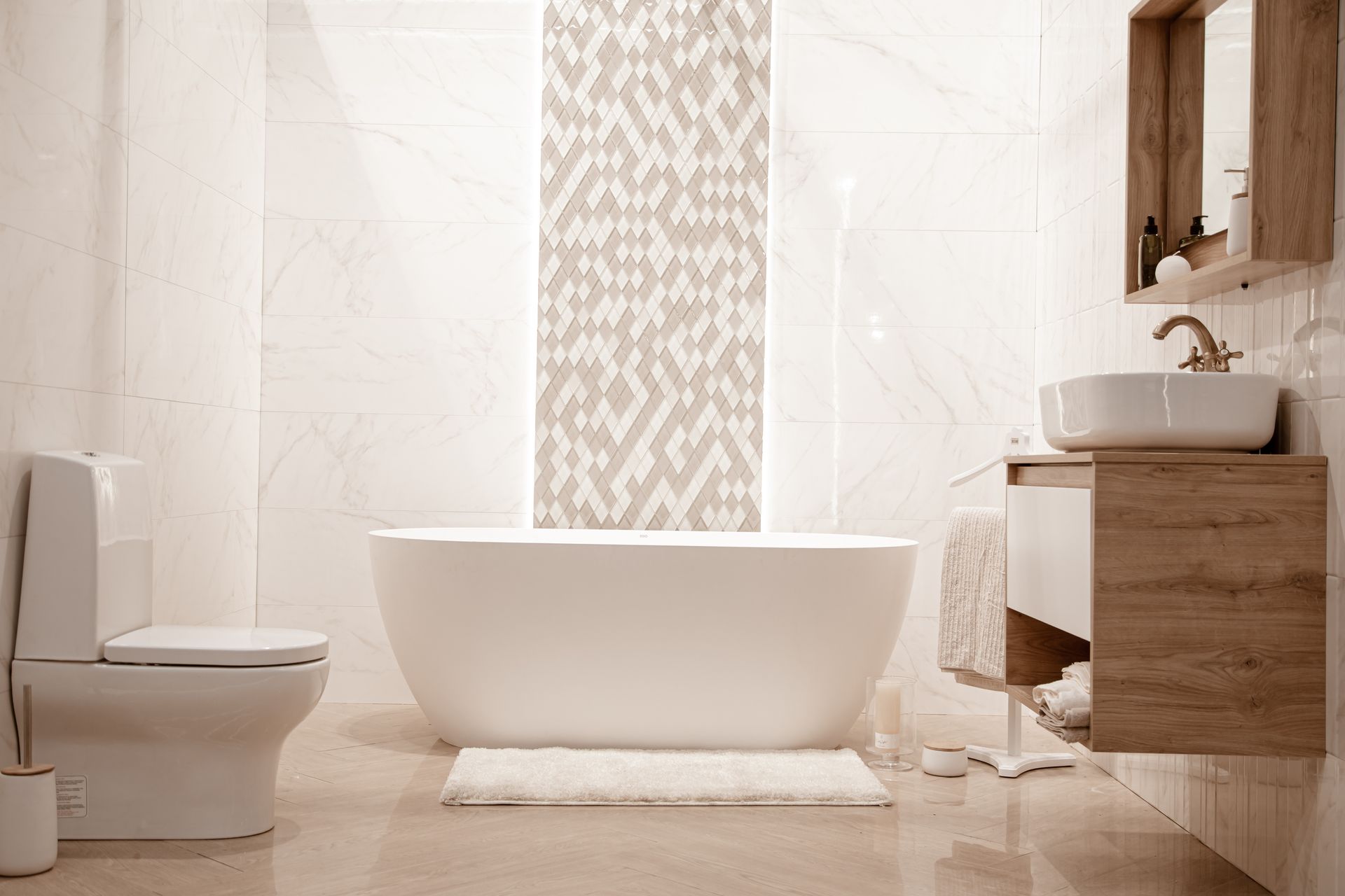 Modern bathroom with a white freestanding tub, toilet, and sink, and a decorative tile accent.
