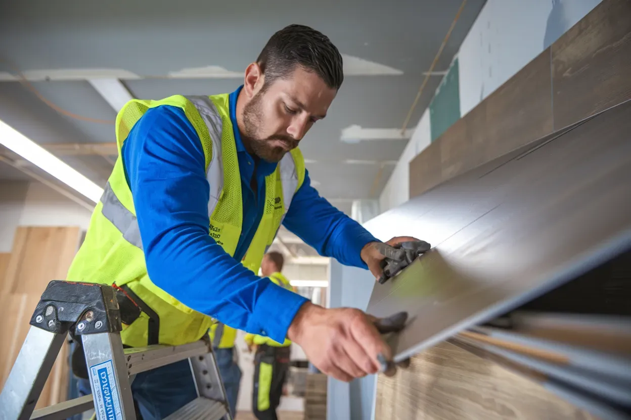 Construction worker in a safety vest cutting panel with a tool, working on wall. Interior setting.
