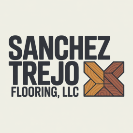 Logo for Sanchez Trejo Flooring, LLC. Text is black over cream background, with a wood-grain pattern of a geometric 'X' shape.