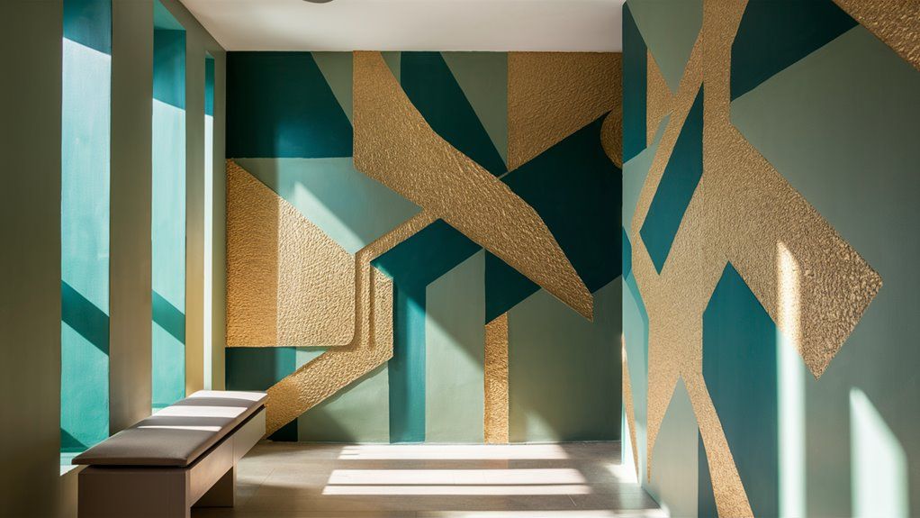 Green and gold geometric wall art in a hallway with a bench, lit by sunlight from a window.