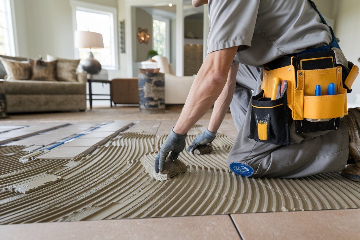 Tile installer applying mortar to flooring. Interior shot, tool belt, gray gloves, beige and gray tile.