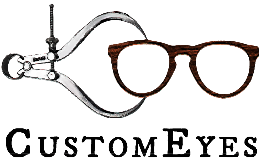 Logo for Custom Eyes: a pair of eyeglasses, calipers, and the text