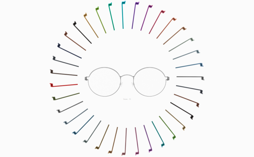 A pair of glasses is surrounded by a circle of rainbow-colored eyewear ear pieces, illustrating variety of color choices for Lindberg eyewear