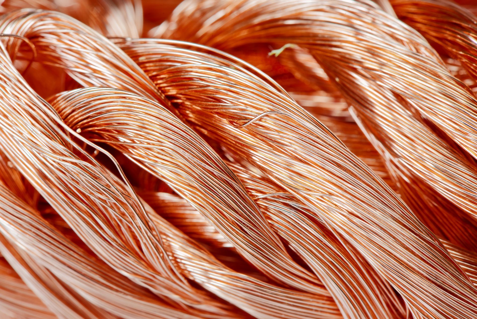 Bundled strands of bright, bare copper for scrap copper wire recycling and metal recovery