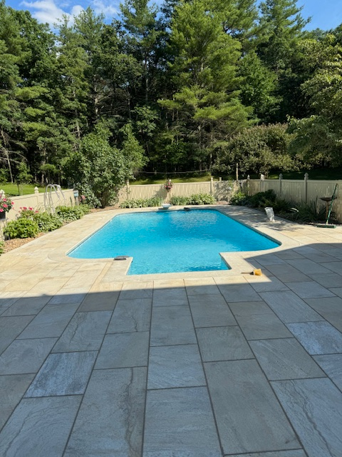 A large swimming pool in a backyard surrounded by trees