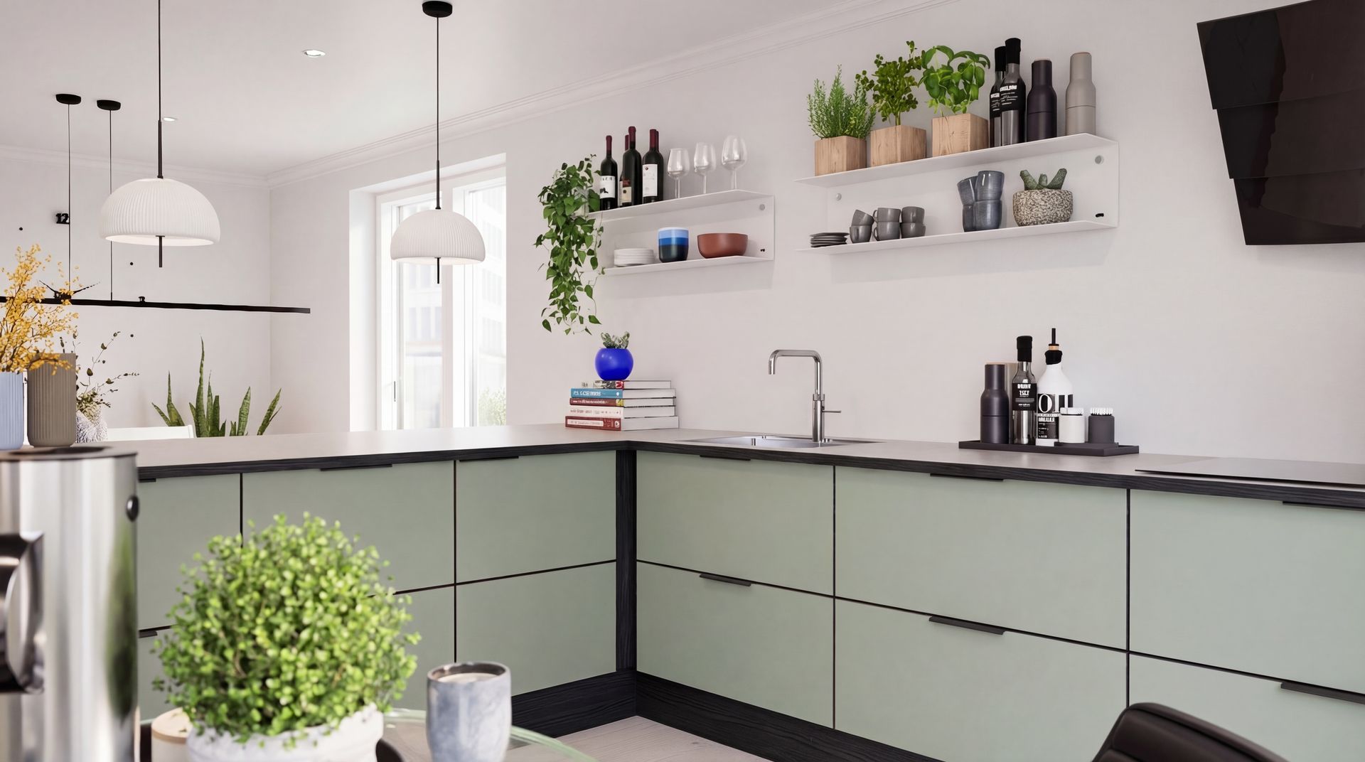 Et moderne L-formet køkken med salviegrønne skabe, sort beslag, hvide vægge og åbne hylder med planter.