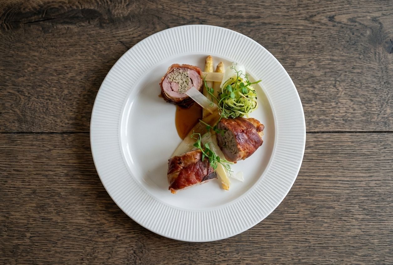 En tallerken med skåret kødroulade, pakket ind i bacon, garneret med grøntsager og asparges, på et rustikt træbord.