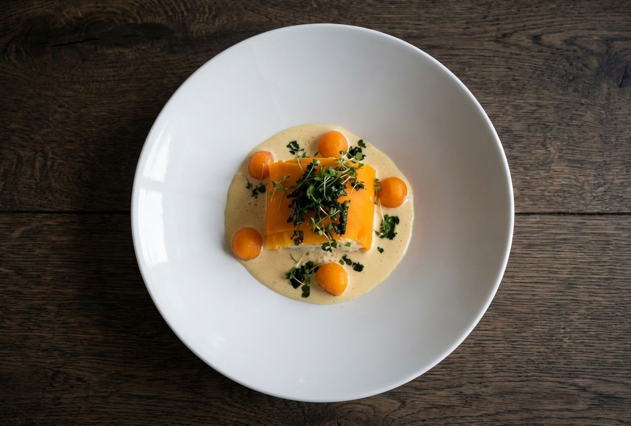 Et rektangulært stykke fisk toppet med krydderurter ligger i en cremet sauce, garneret med små orange melonkugler i en skål.