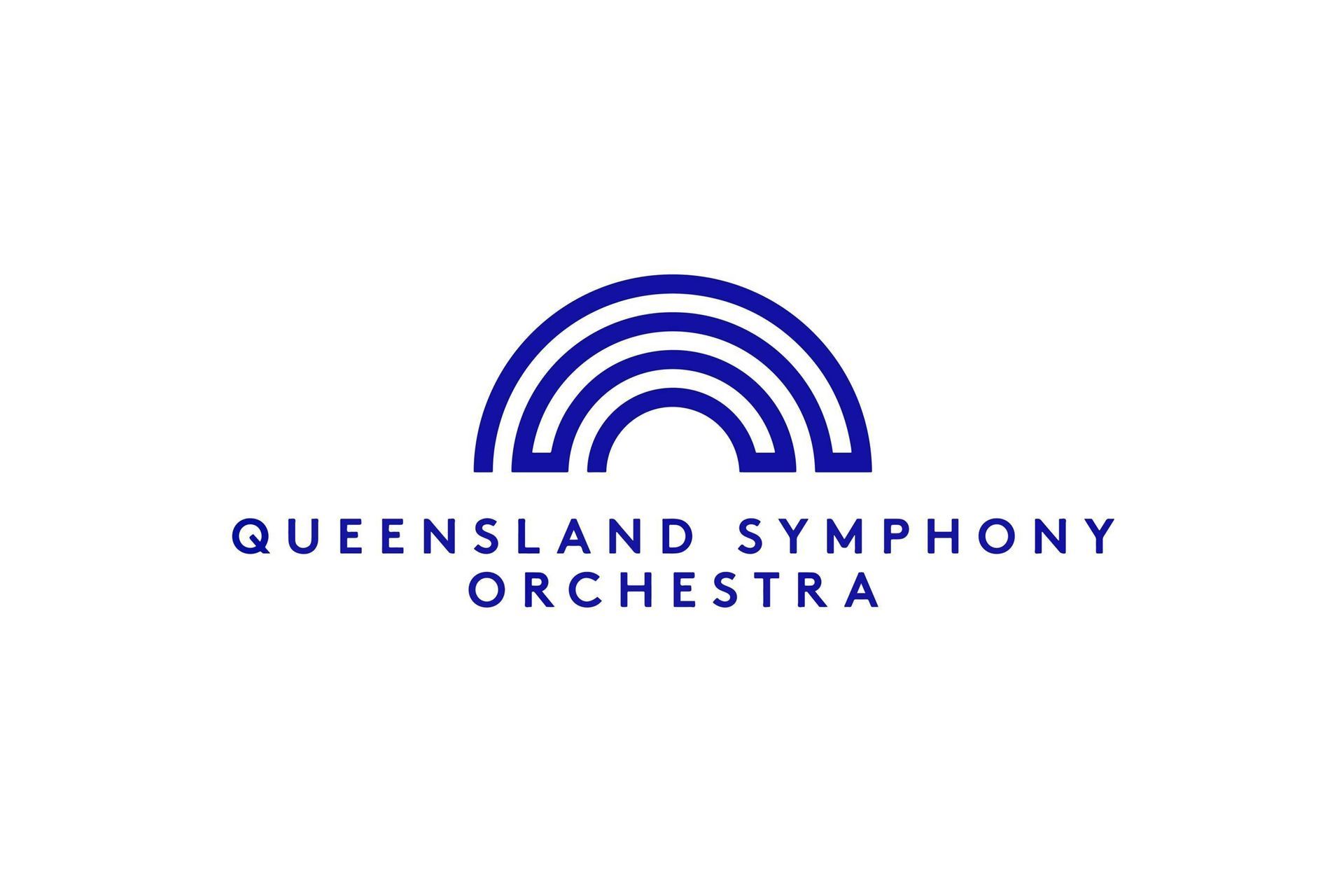 The queensland symphony orchestra logo is a blue rainbow on a white background.