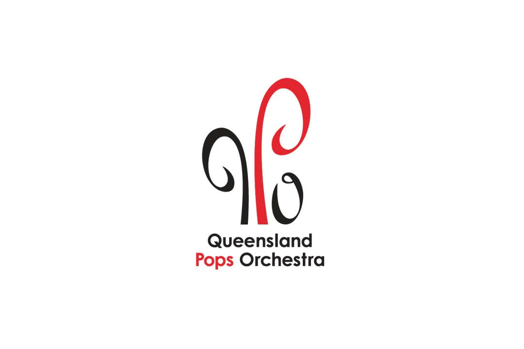 The queensland pops orchestra logo is red and black on a white background.