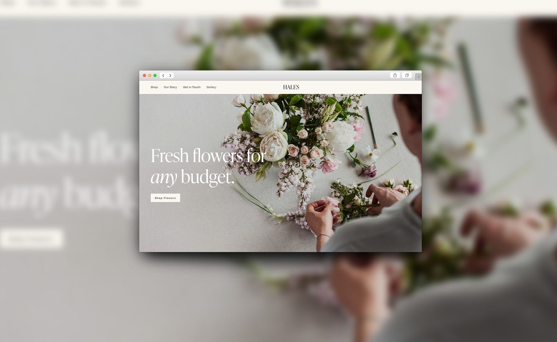 Website promoting flowers, featuring a person arranging them. Text reads
